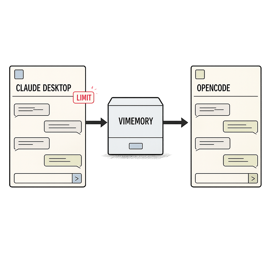 Context flow: hit the limit in Claude Desktop, the thread passes through ViMemory, and continues in opencode.